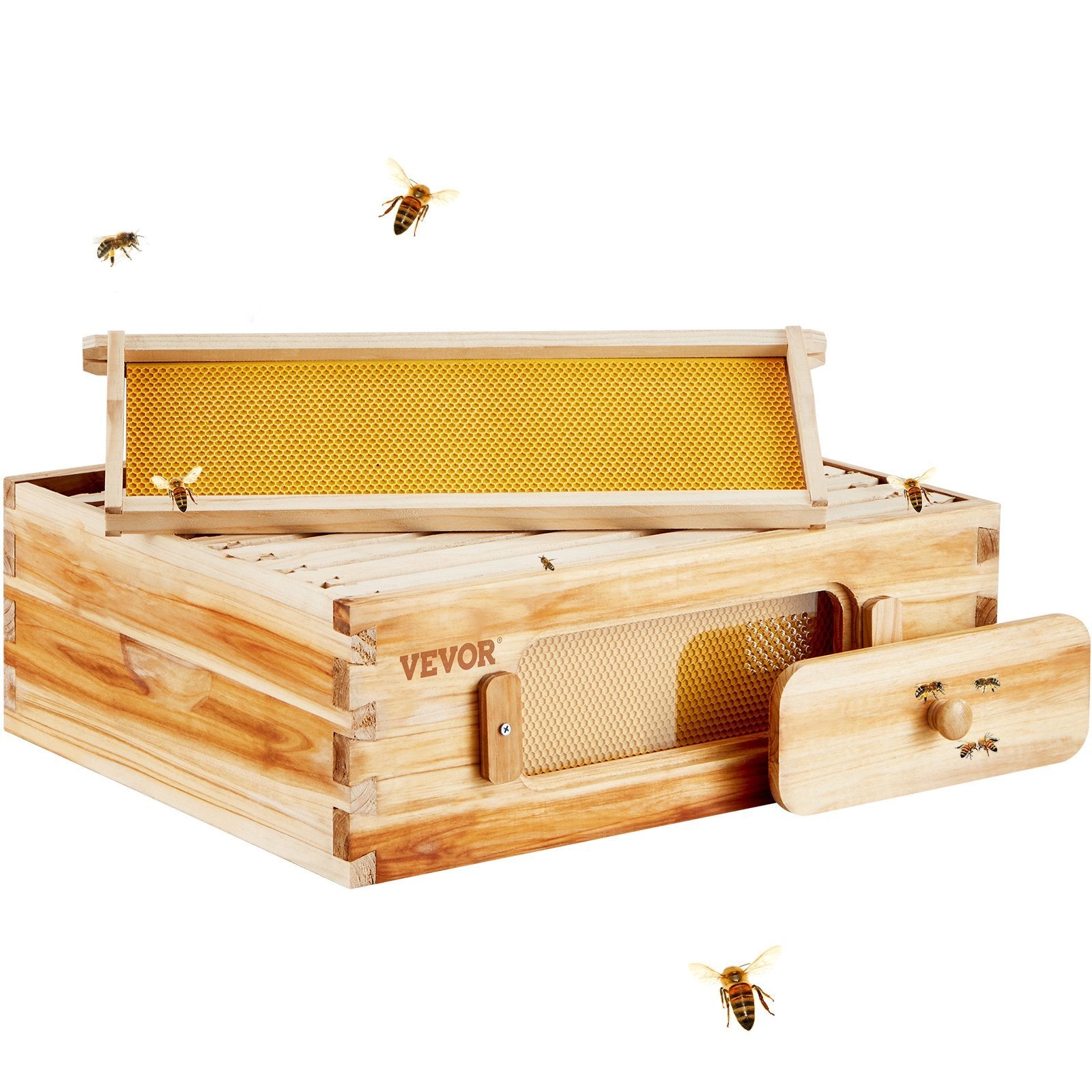 Bee Hive Medium Box Starter Kit, 100% Beeswax Coated Natural Fir Wood, Langstroth Beehive Kit with 10 Frames and Foundations, Transparent Acrylic Bee Windows for Beginners and Pro Beekeepers - American Smart