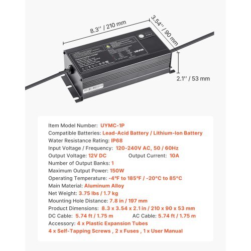 Marine Battery Charger, 1-Bank, 10A 12V Onboard Boat Charger, IP68 Waterproof Smart On-Board Battery Charger, for Lithium-Ion (LiFePO4), NCM, Lead-Acid Batteries, Large Boat, Yacht, RV, Trailer - American Smart
