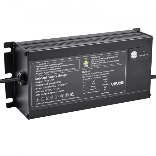 Marine Battery Charger, 1-Bank, 10A 12V Onboard Boat Charger, IP68 Waterproof Smart On-Board Battery Charger, for Lithium-Ion (LiFePO4), NCM, Lead-Acid Batteries, Large Boat, Yacht, RV, Trailer - American Smart