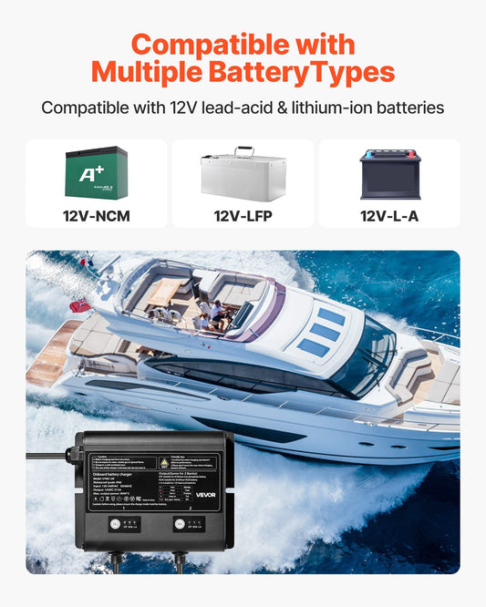Marine Battery Charger, 2-Bank, 5A 12V Onboard Boat Charger, IP68 Waterproof Smart On-Board Battery Charger, for Lithium-Ion (LiFePO4), NCM, Lead-Acid Batteries, Large Boat, Yacht, RV, Trailer