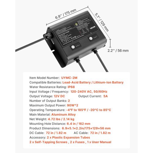 Marine Battery Charger, 2-Bank, 5A 12V Onboard Boat Charger, IP68 Waterproof Smart On-Board Battery Charger, for Lithium-Ion (LiFePO4), NCM, Lead-Acid Batteries, Large Boat, Yacht, RV, Trailer