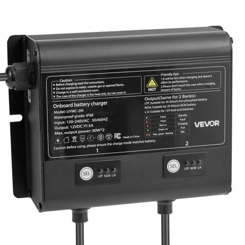 Marine Battery Charger, 2-Bank, 5A 12V Onboard Boat Charger, IP68 Waterproof Smart On-Board Battery Charger, for Lithium-Ion (LiFePO4), NCM, Lead-Acid Batteries, Large Boat, Yacht, RV, Trailer