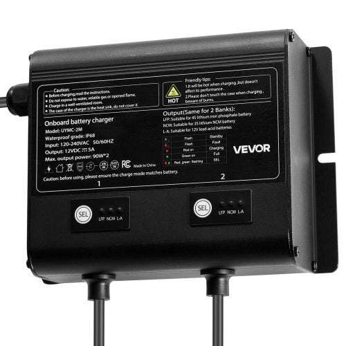 Marine Battery Charger, 2-Bank, 5A 12V Onboard Boat Charger, IP68 Waterproof Smart On-Board Battery Charger, for Lithium-Ion (LiFePO4), NCM, Lead-Acid Batteries, Large Boat, Yacht, RV, Trailer