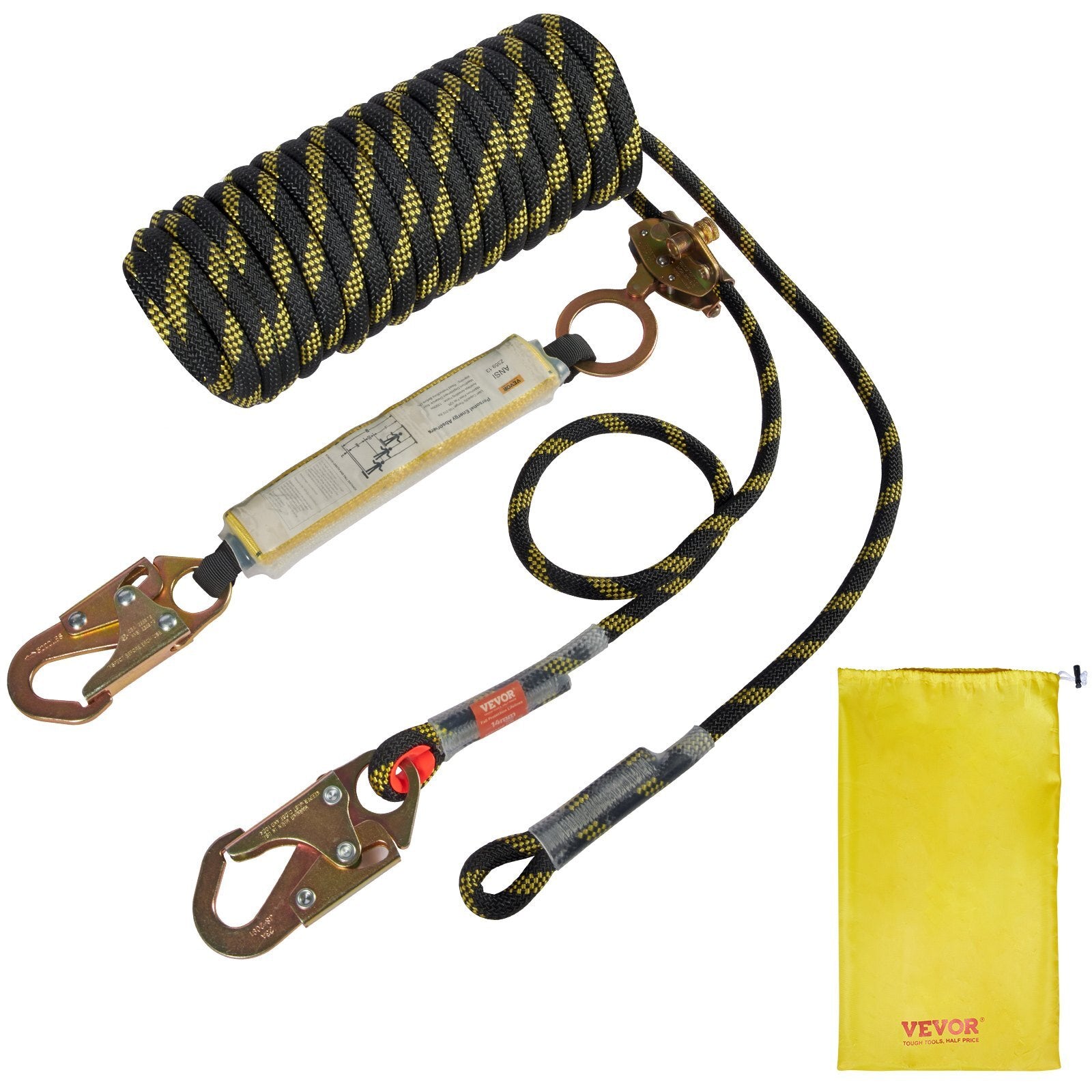 Vertical Lifeline Assembly, 0.55'' x 25' Fall Protection Rope with 30 KN Breaking Tension, Polyester Roofing Rope with Steel Snap Hooks, Rope Grab, and Shock Absorber, ANSI Compliant - American Smart