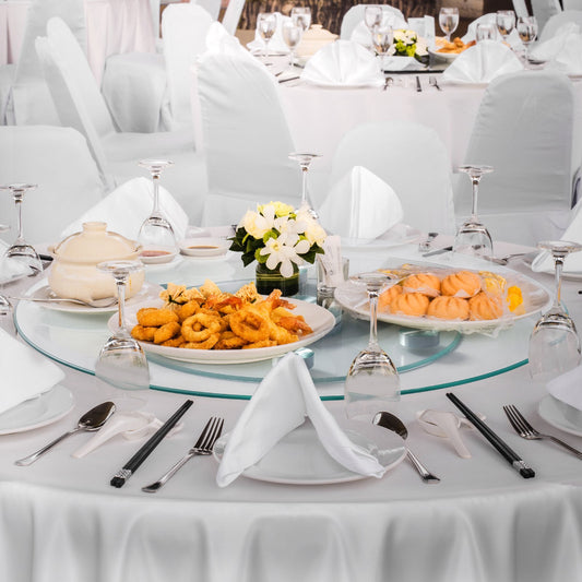 24 in Glass Lazy Susan Turntable, Tempered Glass Dining Table Centerpiece with 6 Rotating Wheels, 360? Smooth and Silent Spin Tabletop Rotating Tray, for Family Gatherings, Banquets & Weddings