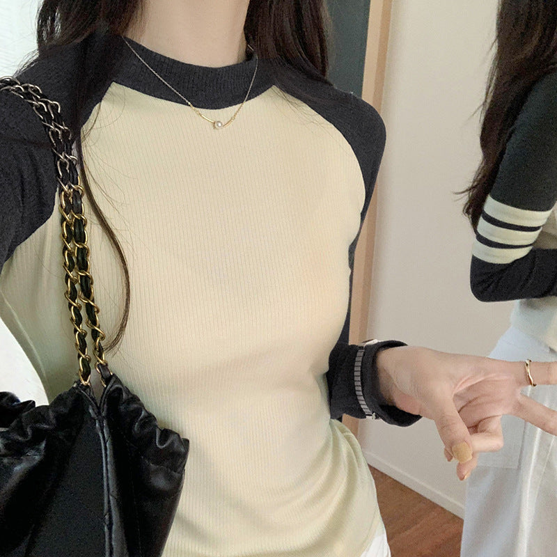 Color-blocked Shoulder Sleeve Short Crop Long Sleeve T-Shirt for Women