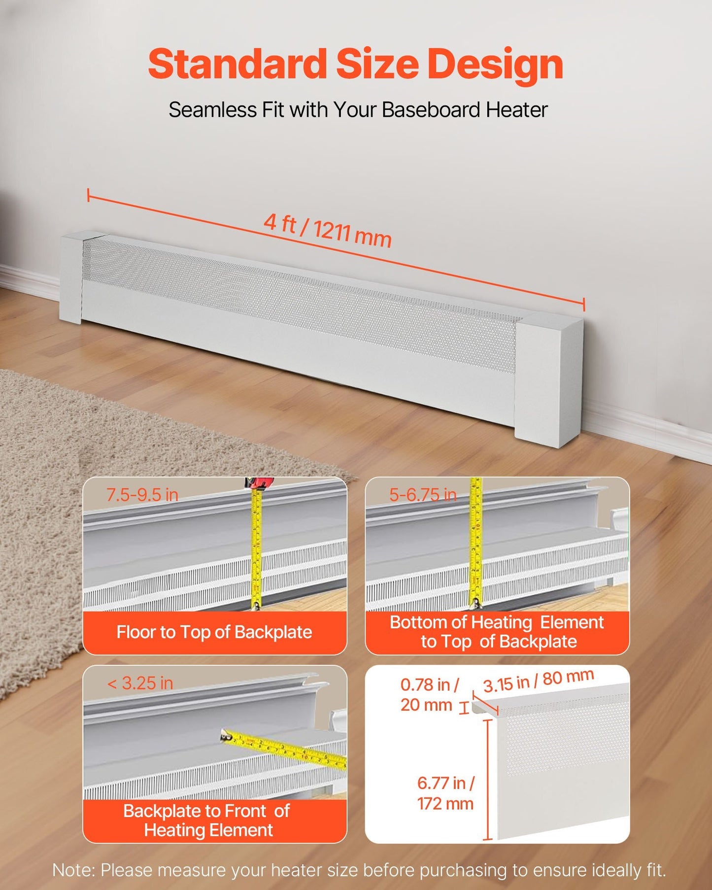 Baseboard Heater Covers, Basic Series 4 ft Standard Electric Heating Unit Front Cover for Home Improvement, Heavy-duty Steel, Easy Installation for Bedroom Replacing Old Cover, White - American Smart