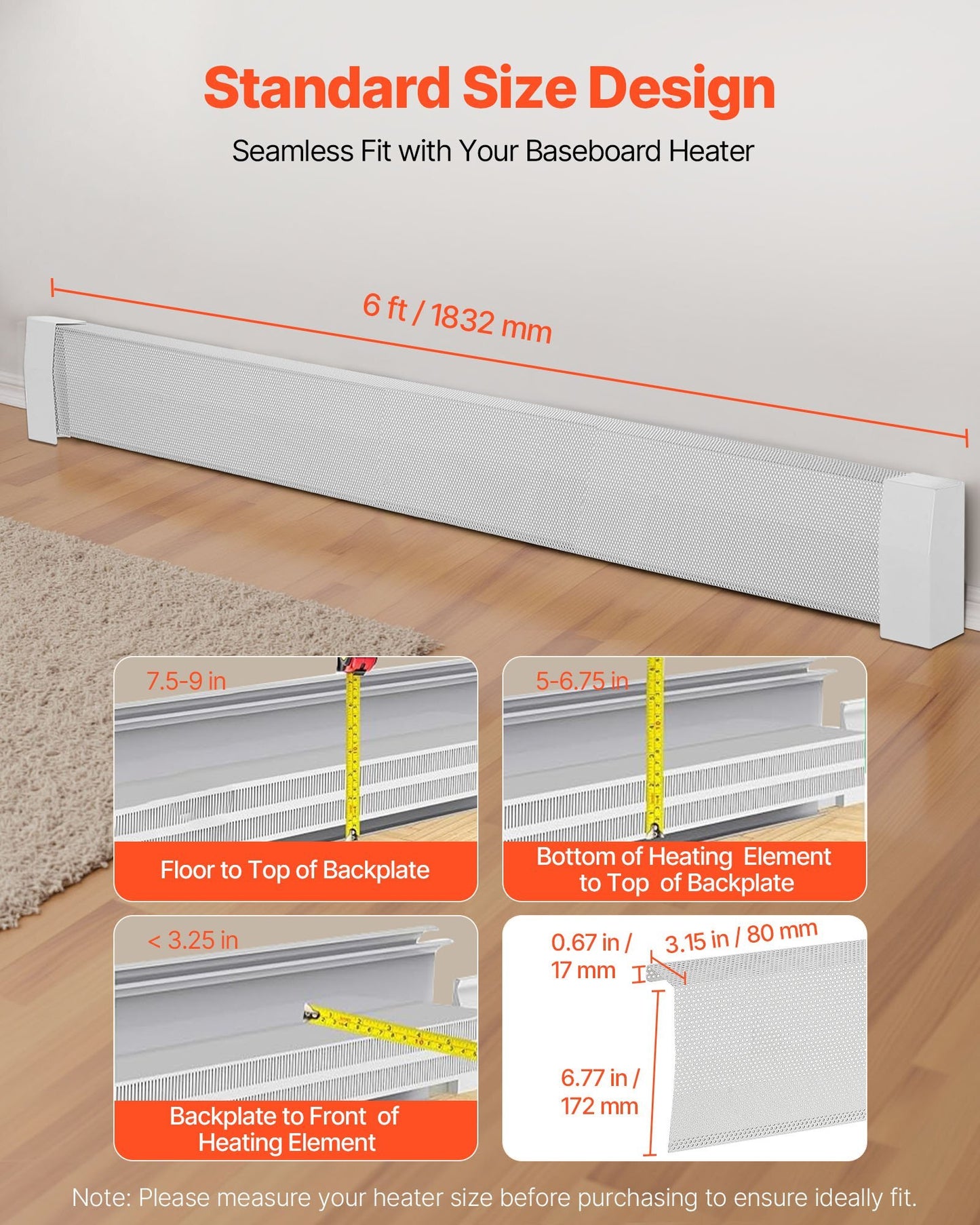 Baseboard Heater Covers, Premium Series 6 ft Standard Electric Heating Unit Front Cover for Home Improvement, Heavy-duty Steel, Easy Installation for Bedroom Replacing Old Cover, White - American Smart