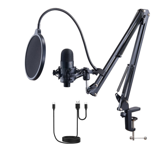 USB Microphone, 192kHz/24-bit, Professional Condenser Microphone Kit, with Boom Arm Stand Pop Filter Shock Mount Mute Button Headphones Jack, for Podcast Recording Video Gaming Singing Streaming