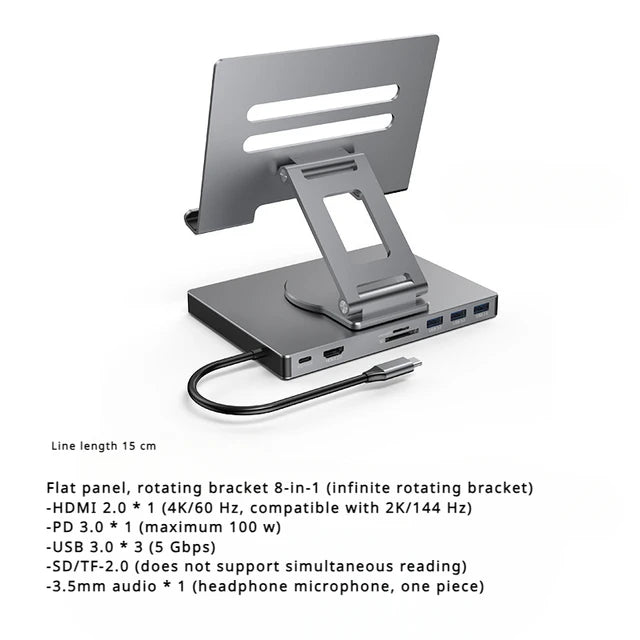 eprolo 4K/60Hz Gigabit Ethernet port USB 3.0 splitter hub with flat panel rotary stand and Type-C docking station on a white background