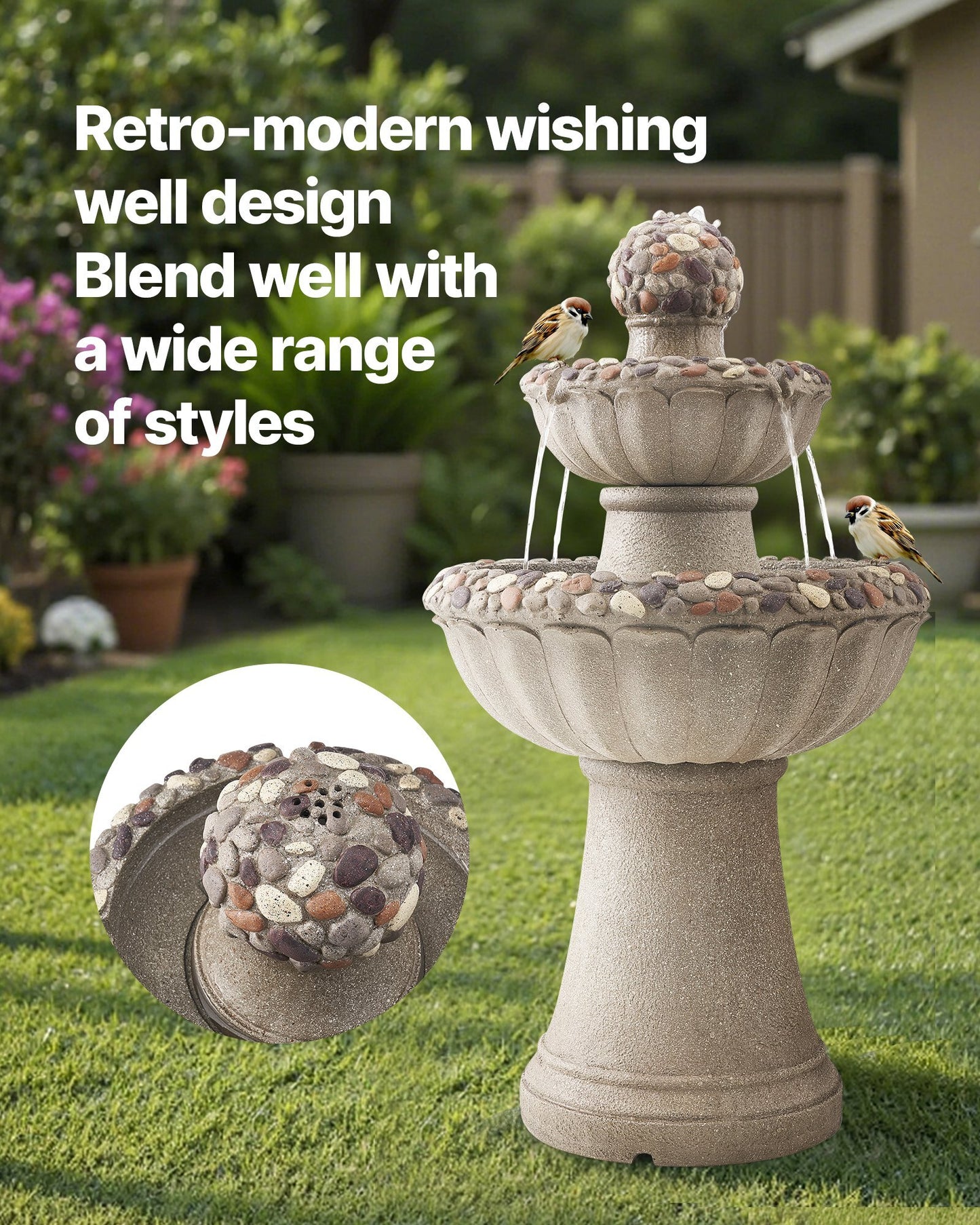 Outdoor Water Fountain, 36.5 in Height Fountain and Waterfall, 2-Tier Floor Standing Rock Base Style Fiberglass and Resin Fountains with Pump, for Outdoor Indoor Garden, Home, Patio & Backyard
