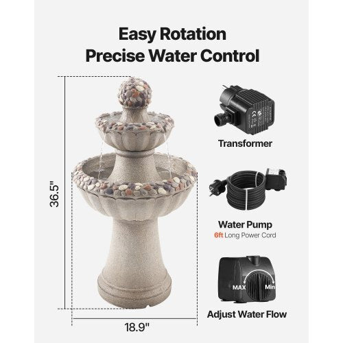 Outdoor Water Fountain, 36.5 in Height Fountain and Waterfall, 2-Tier Floor Standing Rock Base Style Fiberglass and Resin Fountains with Pump, for Outdoor Indoor Garden, Home, Patio & Backyard