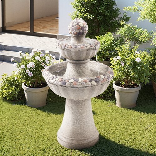 Outdoor Water Fountain, 36.5 in Height Fountain and Waterfall, 2-Tier Floor Standing Rock Base Style Fiberglass and Resin Fountains with Pump, for Outdoor Indoor Garden, Home, Patio & Backyard