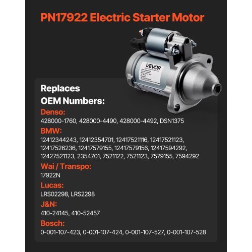Starter 17922, Starter Motor Replacement Compatible with BMW 1 Series M 3.0L L6 2011, 128i 3.0L L6 2008-2011, 325i/325xi 3.0L L6 2006, 335xi 3.0L L6 2007-2008, OEM 428000-1760 410-24145 LRS02298