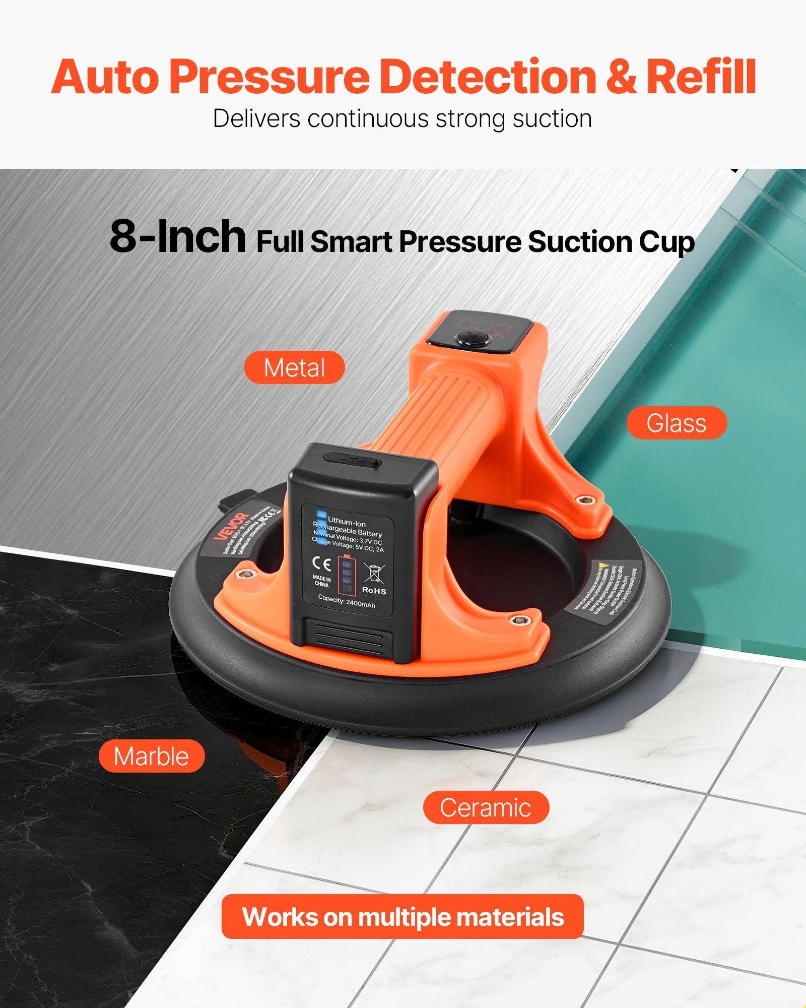 Electric Suction Cup, 8-Inch Vacuum Glass Lifter with Digital Display for Suction Power & Battery Level, 440 lbs Max Lifting Capacity Tile Suction Cup Tool for Lifting Tile, Granite (1-Pack) - American Smart