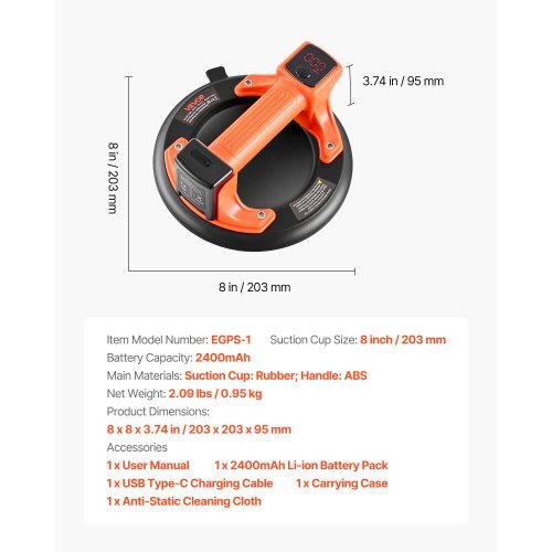 Electric Suction Cup, 8-Inch Vacuum Glass Lifter with Digital Display for Suction Power & Battery Level, 440 lbs Max Lifting Capacity Tile Suction Cup Tool for Lifting Tile, Granite (1-Pack) - American Smart