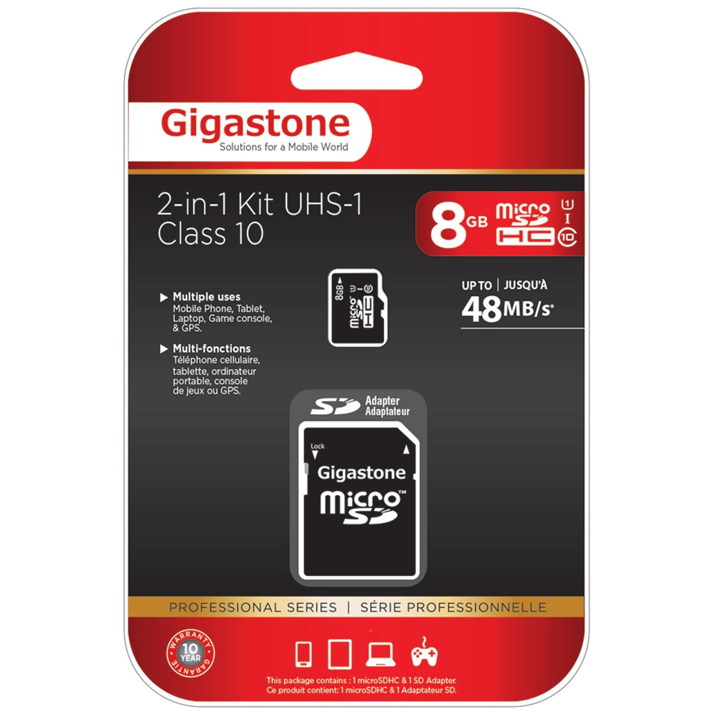 Gigastone GS-2IN1C1008G-R Class 10 UHS-1 microSDHC Card & SD Adapter (8GB)