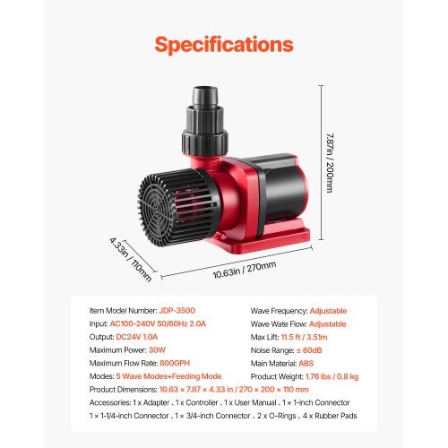 Aquarium 24V DC Water Pump, 30W, 800 GPH Marine Wavemaker Return Pump with Controller, Adjustable Flow, Feed Mode, 11.5 ft Maximum Lift, for Saltwater Freshwater Fish Tank Sump Pond Circulation