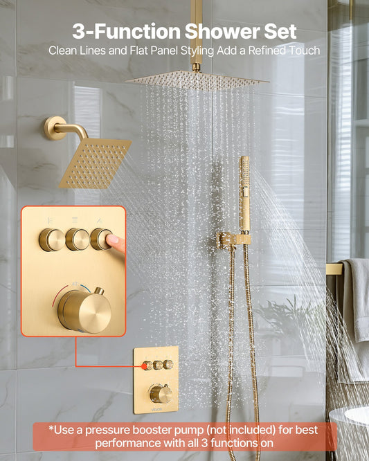 Shower Faucet Set, 12 Inch Thermostatic Ceiling Mount Rainfall Shower System with 6 Inch Wall Mount Head and 2 in 1 Handheld Spray, 3-Function Dual Rain Head Brass Valve Trim Kit, Brushed Gold