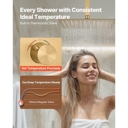 Shower Faucet Set, 12 Inch Thermostatic Ceiling Mount Rainfall Shower System with 6 Inch Wall Mount Head and 2 in 1 Handheld Spray, 3-Function Dual Rain Head Brass Valve Trim Kit, Brushed Gold