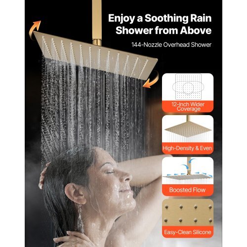 Shower Faucet Set, 12 Inch Thermostatic Ceiling Mount Rainfall Shower System with 6 Inch Wall Mount Head and 2 in 1 Handheld Spray, 3-Function Dual Rain Head Brass Valve Trim Kit, Brushed Gold