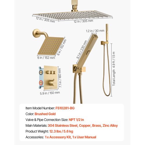 Shower Faucet Set, 12 Inch Thermostatic Ceiling Mount Rainfall Shower System with 6 Inch Wall Mount Head and 2 in 1 Handheld Spray, 3-Function Dual Rain Head Brass Valve Trim Kit, Brushed Gold