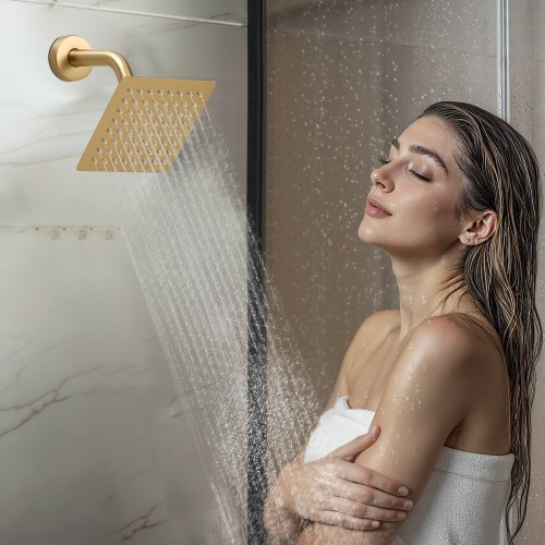 Shower Faucet Set, 12 Inch Thermostatic Ceiling Mount Rainfall Shower System with 6 Inch Wall Mount Head and 2 in 1 Handheld Spray, 3-Function Dual Rain Head Brass Valve Trim Kit, Brushed Gold