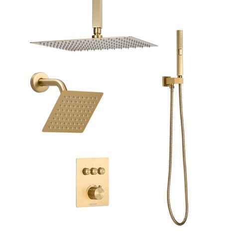 Shower Faucet Set, 12 Inch Thermostatic Ceiling Mount Rainfall Shower System with 6 Inch Wall Mount Head and 2 in 1 Handheld Spray, 3-Function Dual Rain Head Brass Valve Trim Kit, Brushed Gold