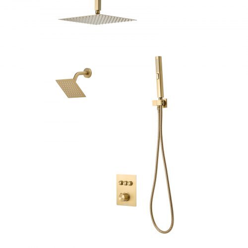 Shower Faucet Set, 12 Inch Thermostatic Ceiling Mount Rainfall Shower System with 6 Inch Wall Mount Head and 2 in 1 Handheld Spray, 3-Function Dual Rain Head Brass Valve Trim Kit, Brushed Gold