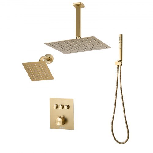 Shower Faucet Set, 12 Inch Thermostatic Ceiling Mount Rainfall Shower System with 6 Inch Wall Mount Head and 2 in 1 Handheld Spray, 3-Function Dual Rain Head Brass Valve Trim Kit, Brushed Gold