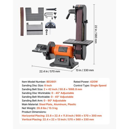 6" Disc Sander & 2" x 42" Belt Sander, 420W Professional Bench Belt Disc Sanders Combo with Multiple Angle Adjustments for DIY Woodworking, Furniture Refinishing, Knife Sharpening - American Smart