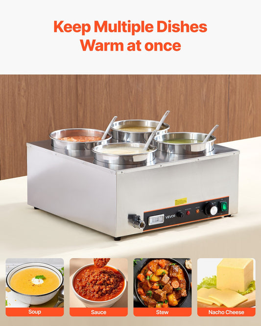 Electric Soup Warmer, Four 6.34QT Stainless Steel Round Pot with 86~185?F Adjustable Temp, 1500W Commercial Bain Marie with Anti-dry Burn and Reset Button, Soup Station for Restaurant, Buffet - American Smart