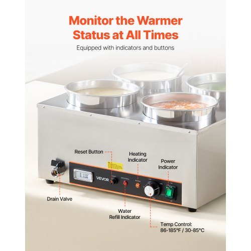 Electric Soup Warmer, Four 6.34QT Stainless Steel Round Pot with 86~185?F Adjustable Temp, 1500W Commercial Bain Marie with Anti-dry Burn and Reset Button, Soup Station for Restaurant, Buffet - American Smart