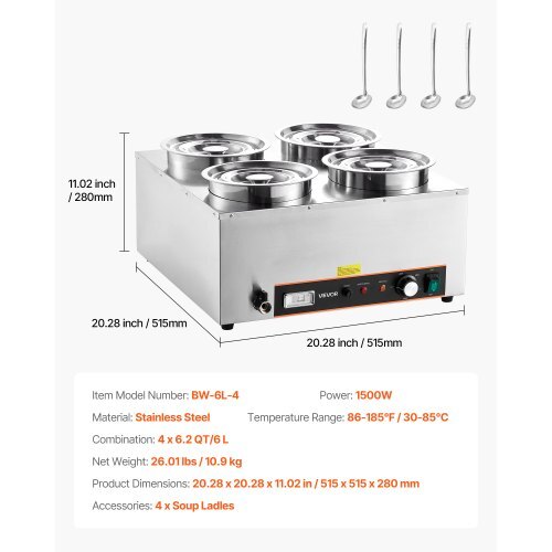 Electric Soup Warmer, Four 6.34QT Stainless Steel Round Pot with 86~185?F Adjustable Temp, 1500W Commercial Bain Marie with Anti-dry Burn and Reset Button, Soup Station for Restaurant, Buffet - American Smart