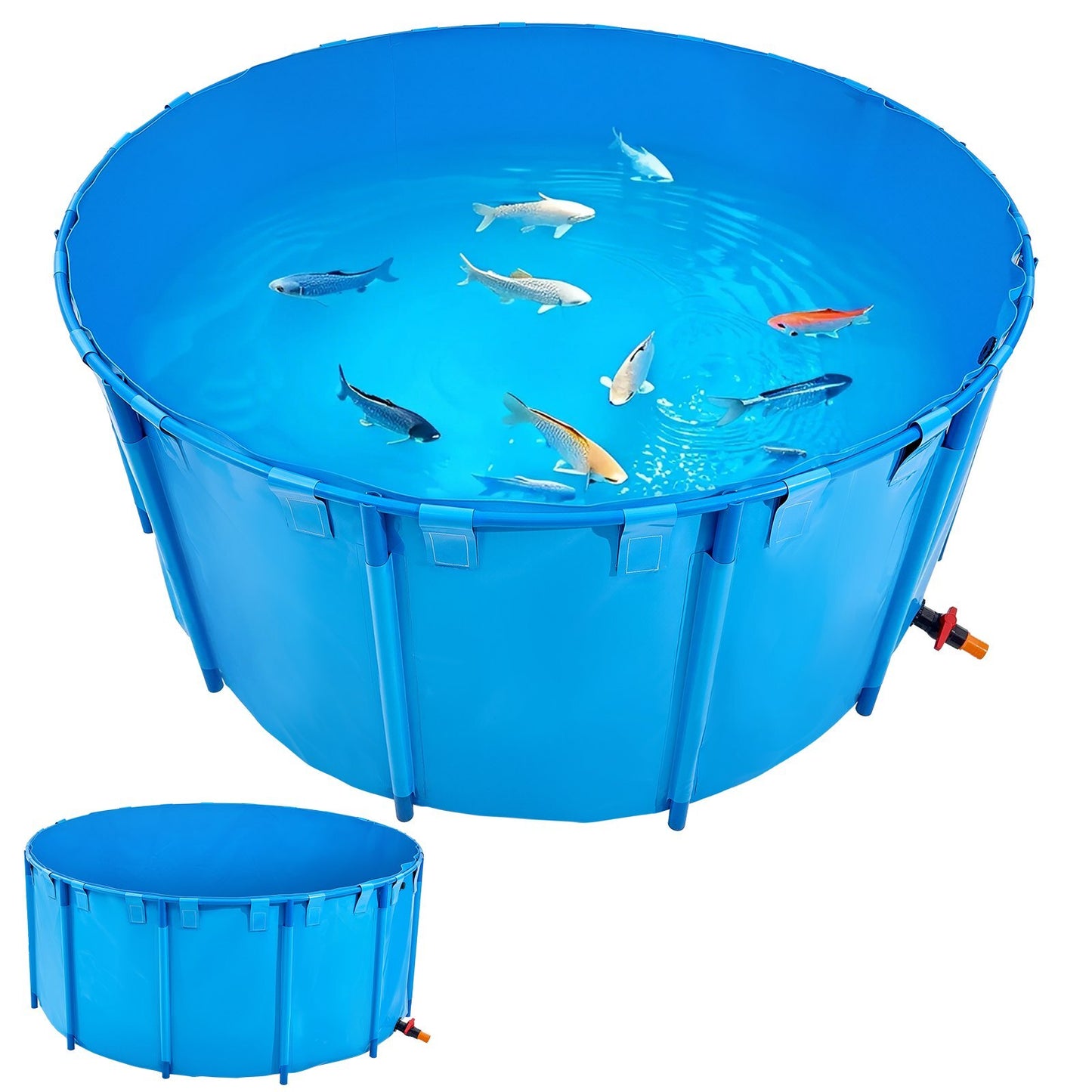 Blue VEVOR canvas fish pond with stable frame, drain valve, and 1320-gallon capacity, ideal for koi breeding and aquaculture.