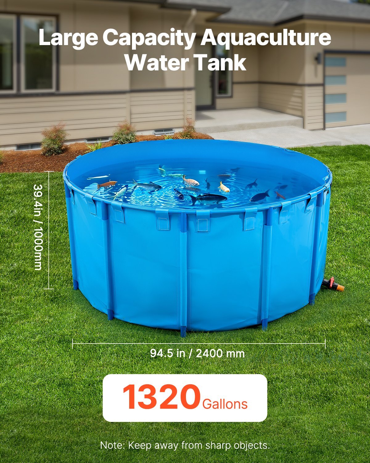 Blue VEVOR canvas fish pond with stable frame, drain valve, 1320-gallon capacity, foldable PVC koi tank for aquaculture and breeding.