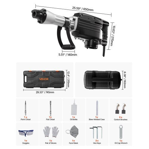 Demolition Jack Hammer, 2800 W Powerful Electric Jackhammer, 1200 BPM Concrete Breaker with a Point Chisel, a Flat Chisel, Carrying Case, Gloves, for Concrete, Wall, Brick, Tile and Foundation