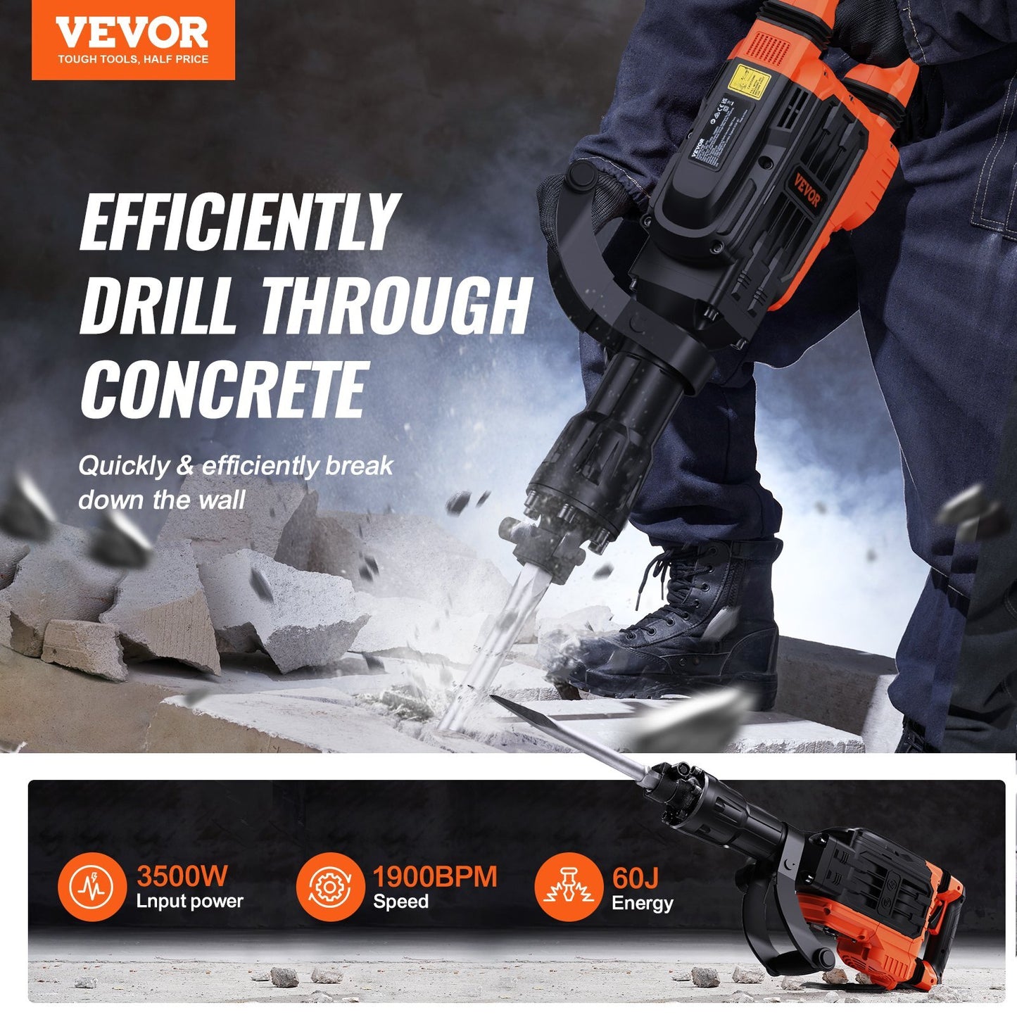Demolition Jack Hammer, 3500W Jack Hammer Concrete Breaker, 2pcs Chisel with Gloves & 360?C Swiveling Front Handle for Trenching, 1900 BPM Heavy Duty Electric Jack Hammer, Black - American Smart