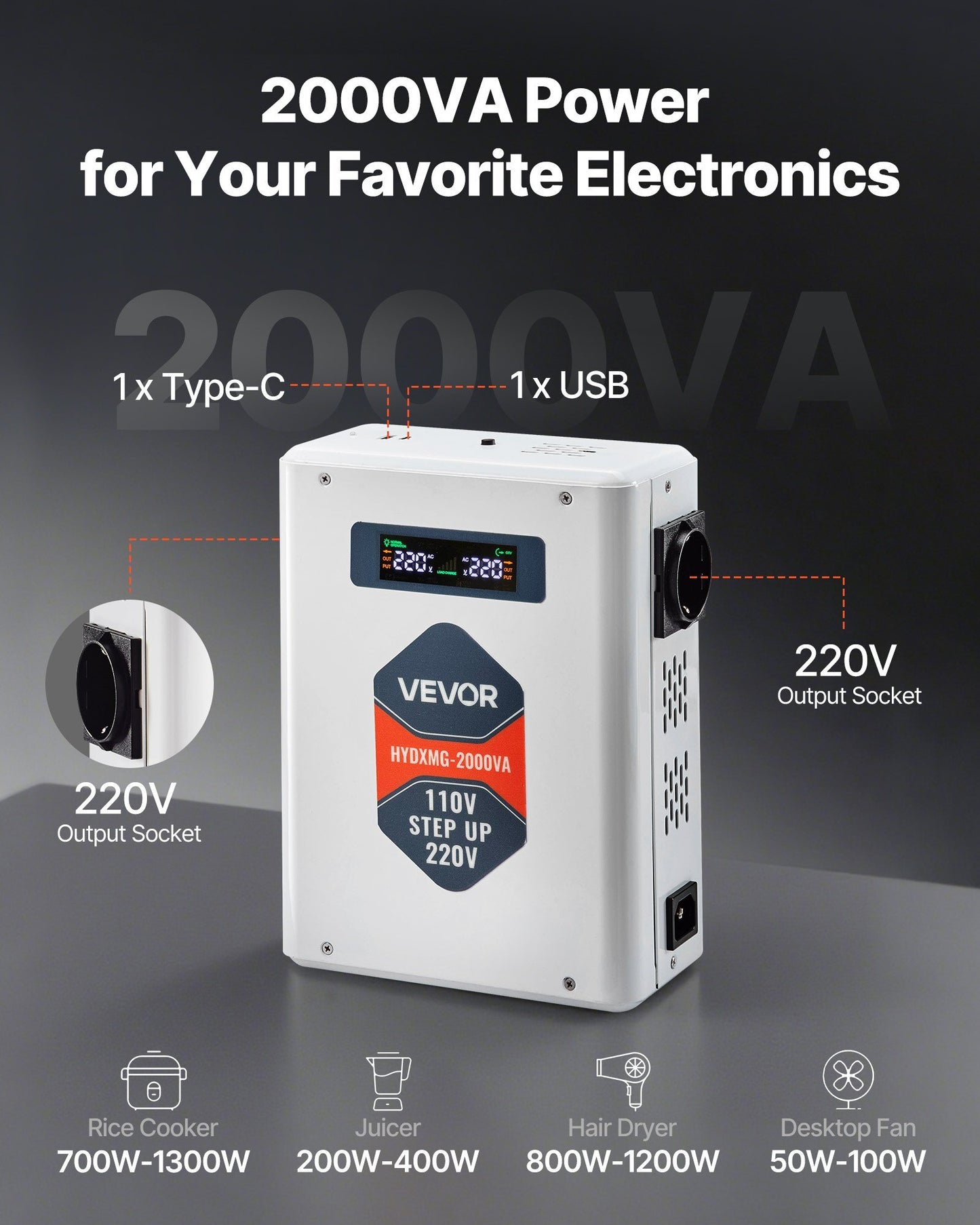 Step Up Voltage Converter, 2000VA, Heavy Duty Voltage Power Converter, 110V to 220V Power Transformer, with 2 EU Outlets, USB Output, LCD Display, Temperature Protection, for 220V Appliances - American Smart