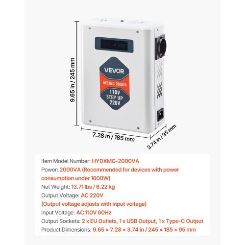 Step Up Voltage Converter, 2000VA, Heavy Duty Voltage Power Converter, 110V to 220V Power Transformer, with 2 EU Outlets, USB Output, LCD Display, Temperature Protection, for 220V Appliances - American Smart