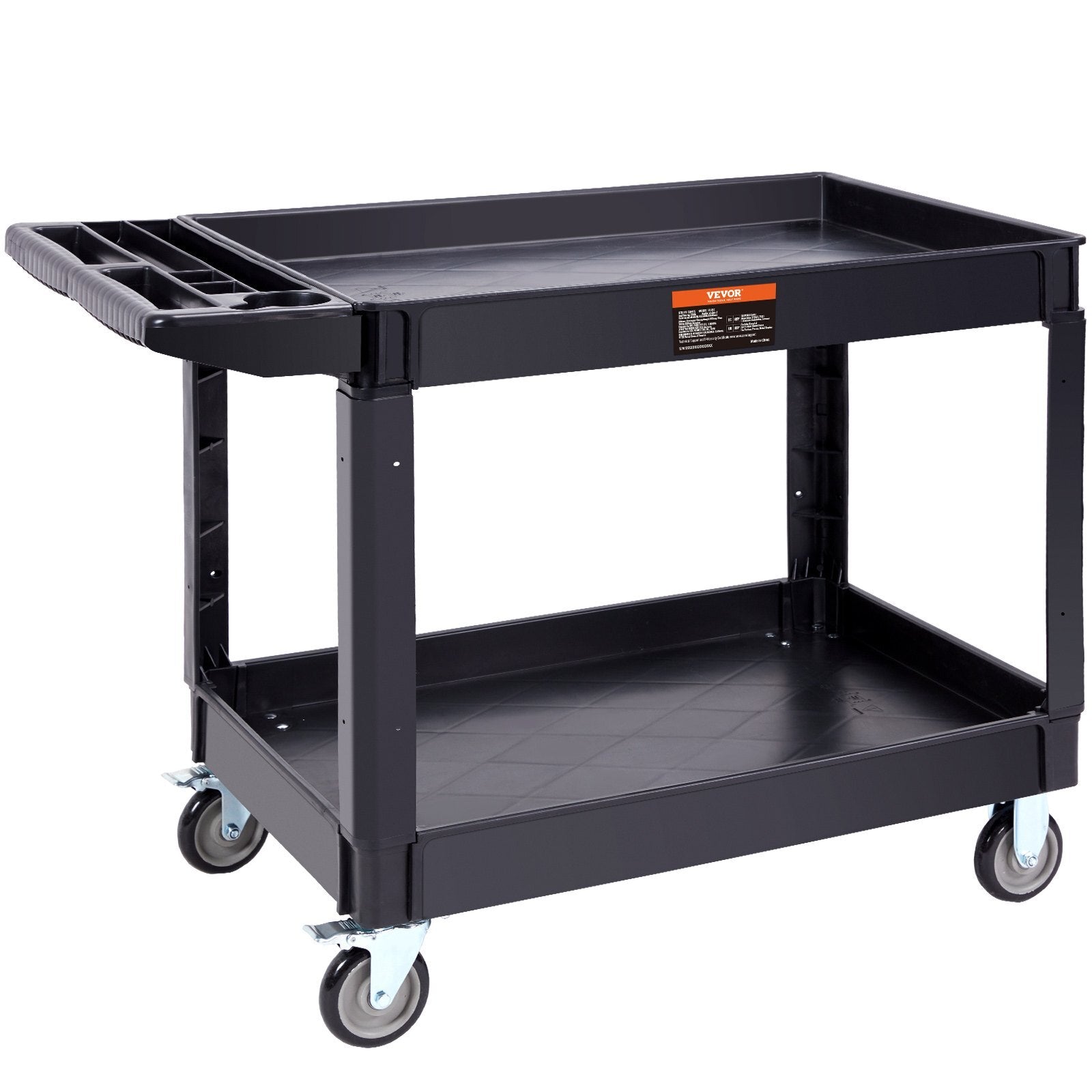 Utility Service Cart, 2 Shelf 550LBS Heavy Duty Plastic Rolling Utility Cart with 360? Swivel Wheels (2 with Brakes), Large Lipped Shelf, Ergonomic Storage Handle for Warehouse/Garage/Cleaning - American Smart
