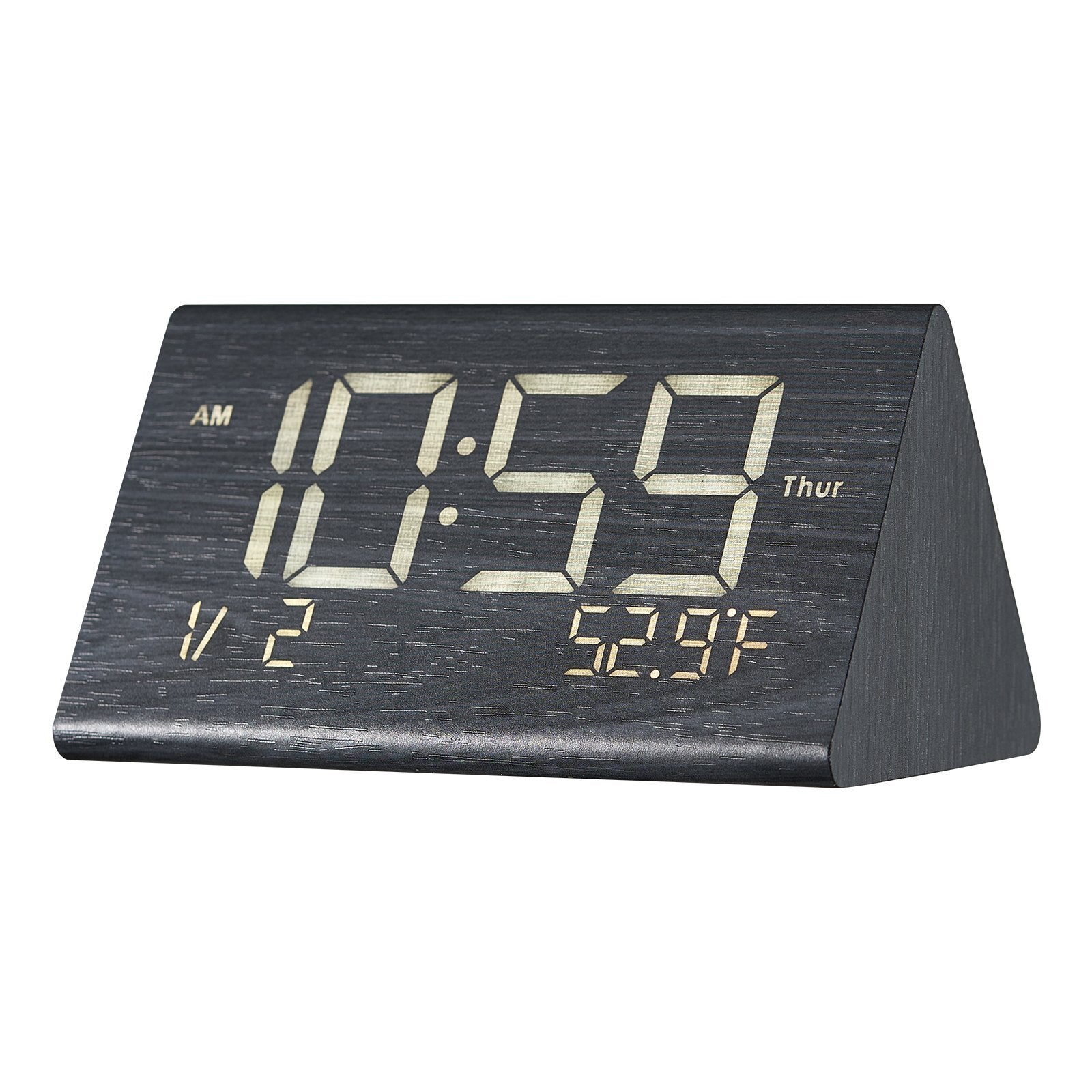 Digital Alarm Clock, Wooden Desk Clock with Dual Alarm, USB Port, Snooze, Night Light, Voice Control, Adjustable Volume, Bedside Desktop Clock with Charger for Bedroom, Kitchen, Office, Black - American Smart