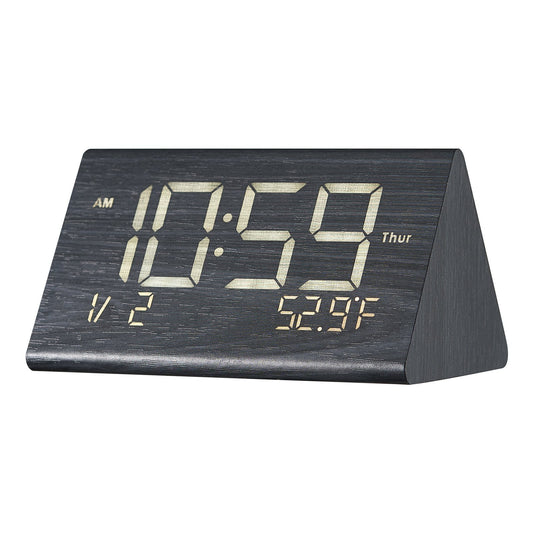 Digital Alarm Clock, Wooden Desk Clock with Dual Alarm, USB Port, Snooze, Night Light, Voice Control, Adjustable Volume, Bedside Desktop Clock with Charger for Bedroom, Kitchen, Office, Black - American Smart