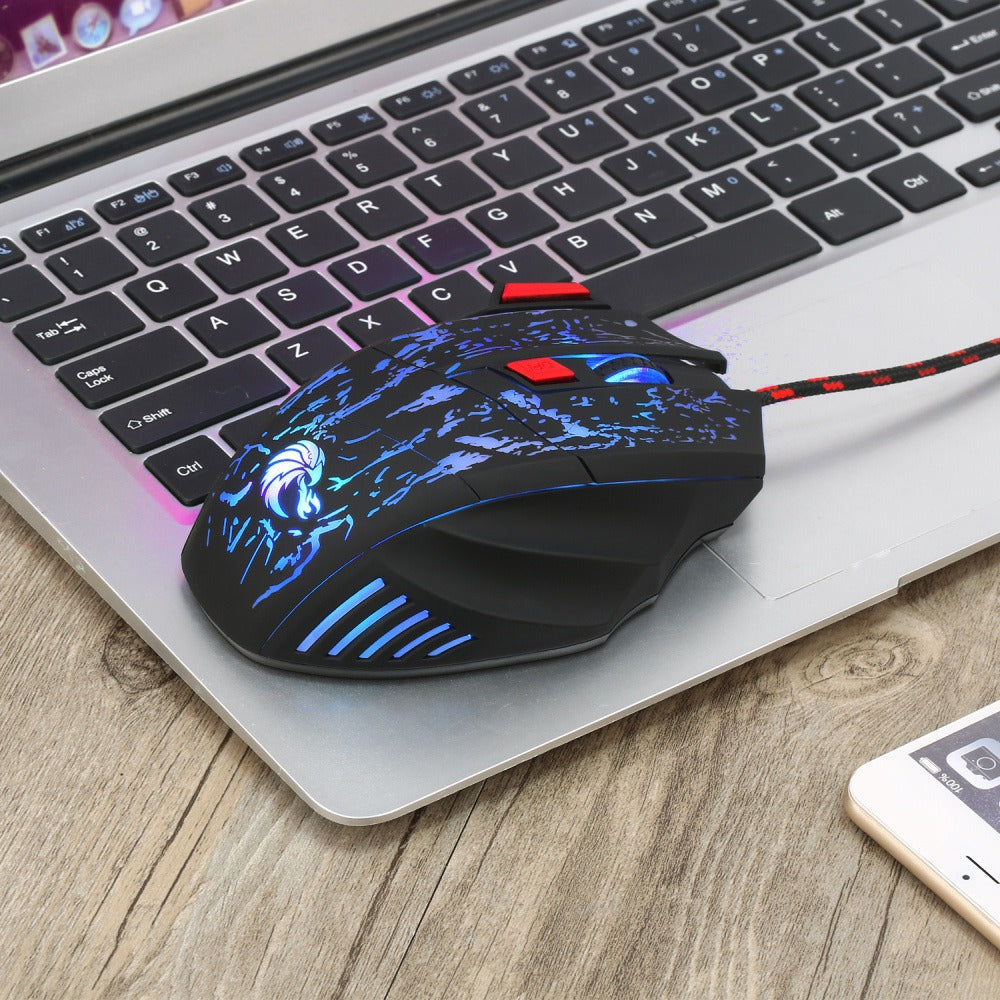 Colorful luminous gaming mouse with flowing crack design by eprolo, wired Blaze Bird model, featuring a sleek ergonomic shape