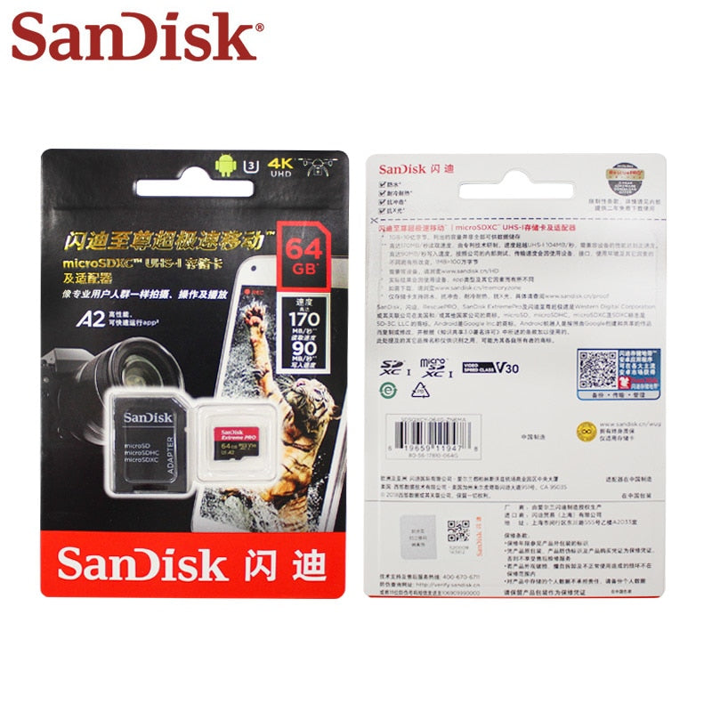 Sandisk Extreme Pro Micro SD Card with SD adapter, 64GB or 128GB capacity, A2 V30 U3 speed class for high performance.