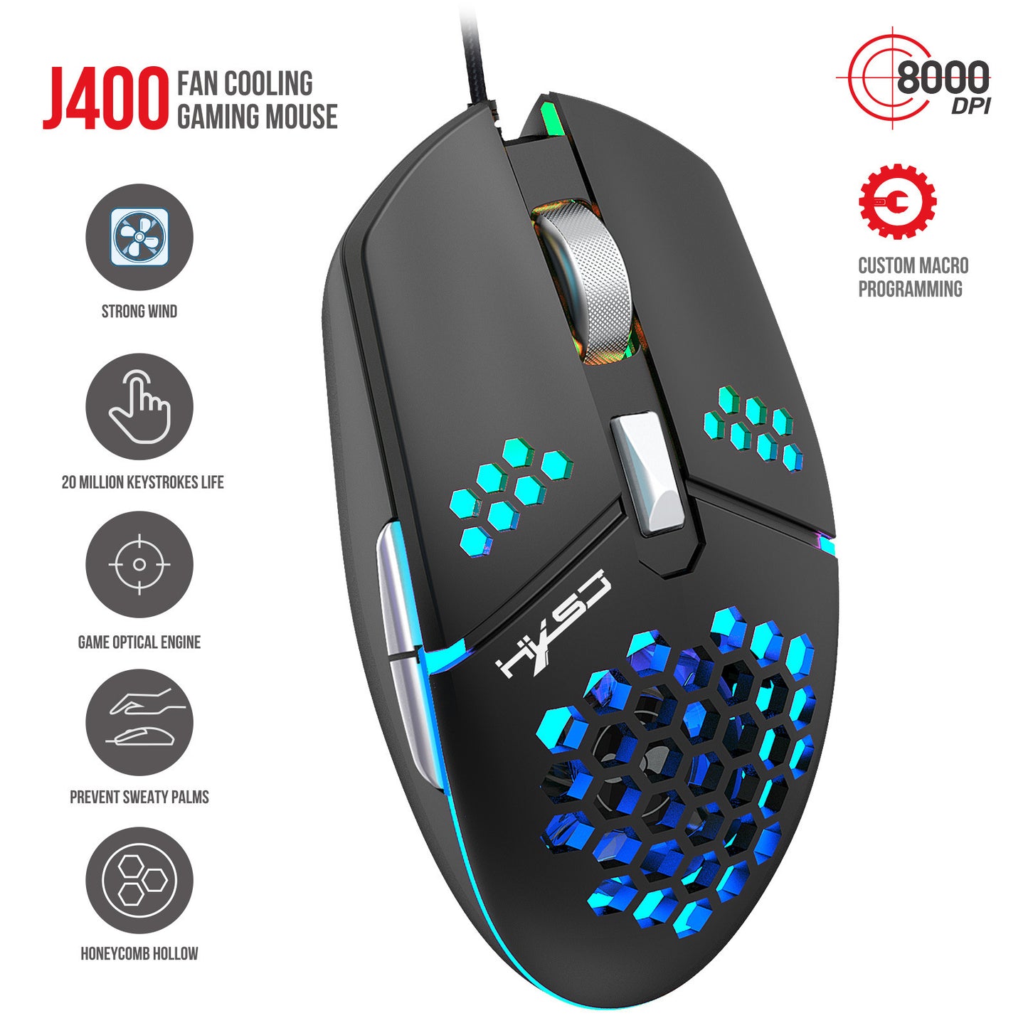 J400 new fan macro programming wired hole gaming mouse 8000dpi adjustable anti sweat design