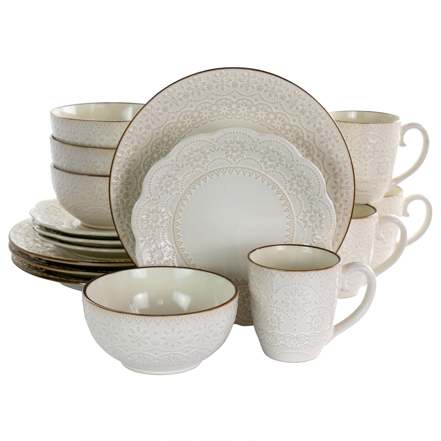 Elama Contessa 16-piece ivory embossed scalloped stoneware dinnerware set arranged on a dining table.
