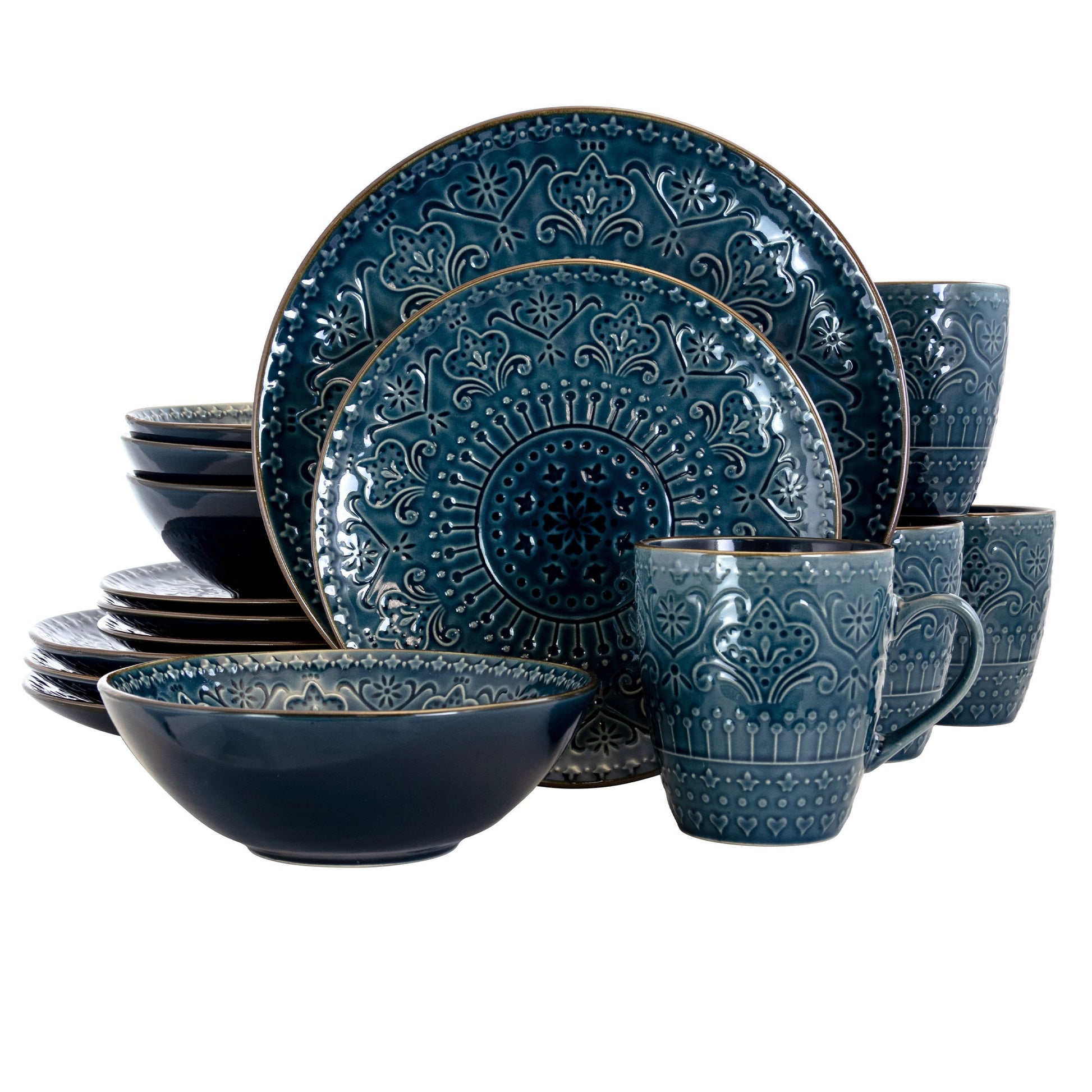 ELAMA Deep Sea Mozaic 16-piece stoneware dinnerware set with plates, bowls, and mugs for four, featuring a luxurious blue design.