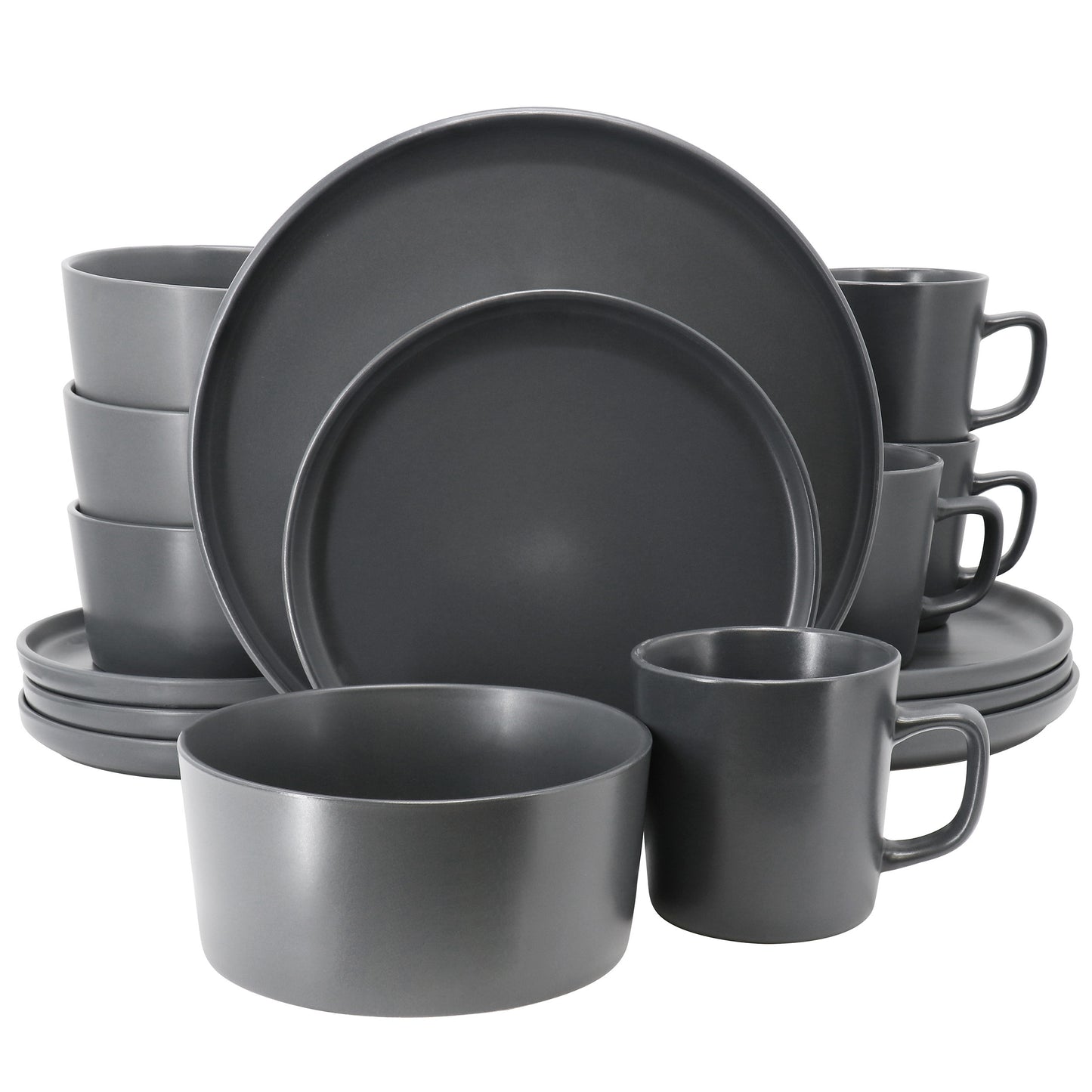Elama Luxmatte dark grey 16-piece dinnerware set includes plates, bowls, and mugs with a matte finish and modern design.