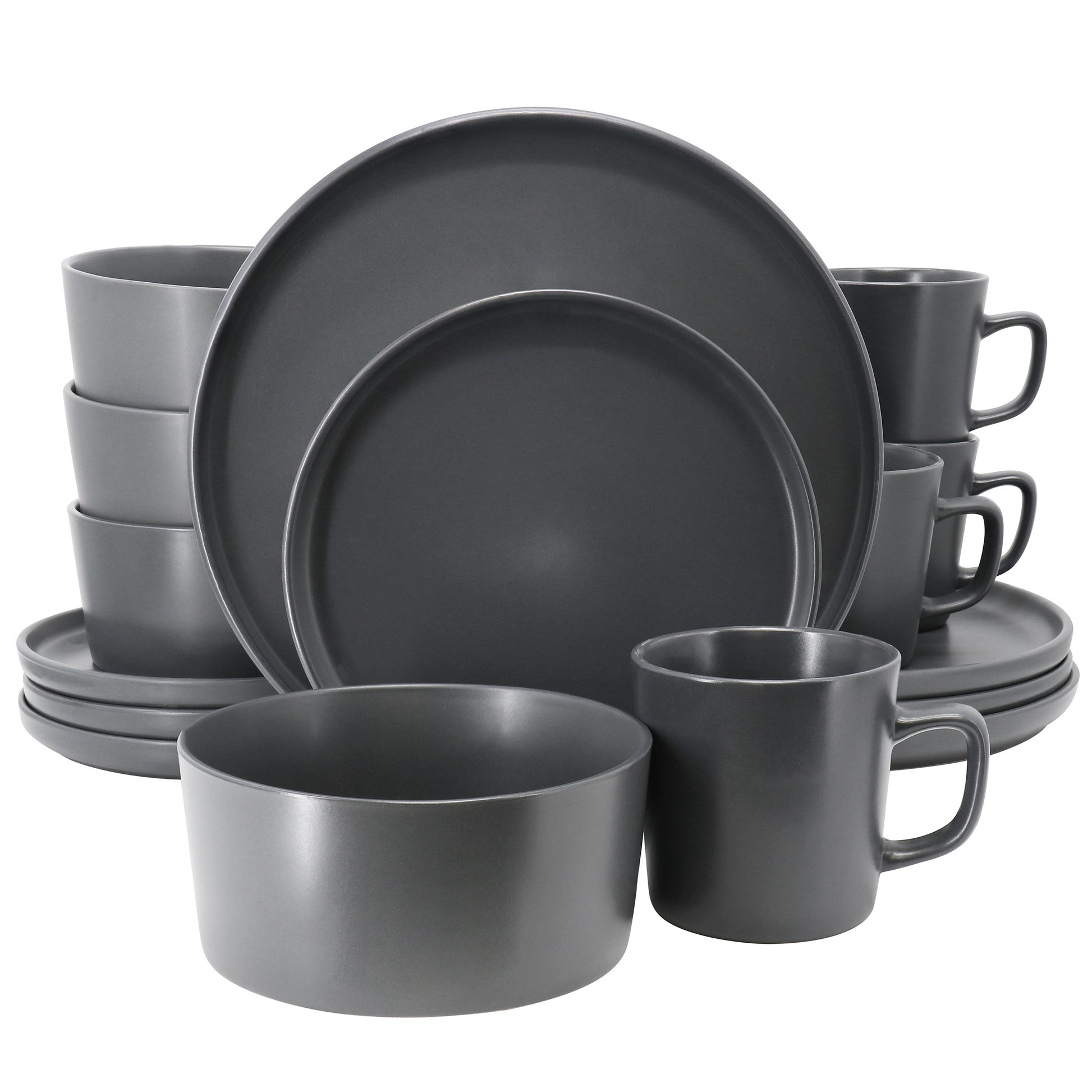 Elama Luxmatte dark grey 16-piece dinnerware set includes plates, bowls, and mugs with a matte finish and modern design.